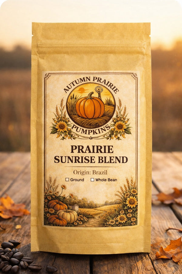 Prairie Sunrise Blend Kansas light roast coffee bag - seed packet front view
