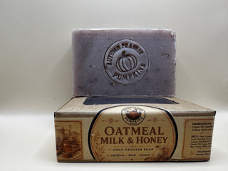 Oatmeal Milk and Honey cold process soap - handmade 4.5 oz bar stamped with the Autumn Prairie Pumpkins pumpkin - Newton Kansas
