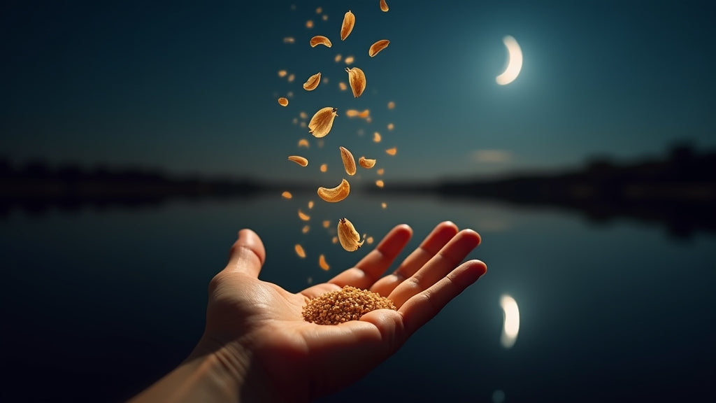 Seeds floating above open palm under moonlight - Autumn Prairie Pumpkins