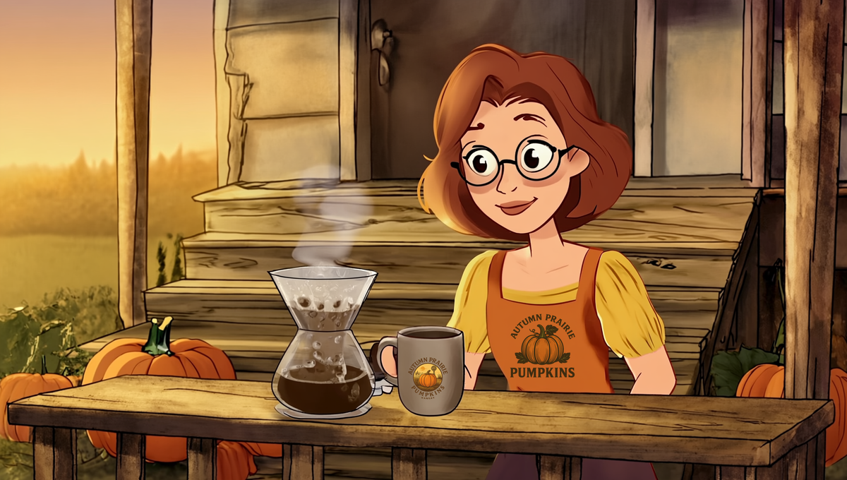 Maggie watching coffee grounds bloom in a pour over brewer on a Kansas porch rail at sunrise - Autumn Prairie Pumpkins