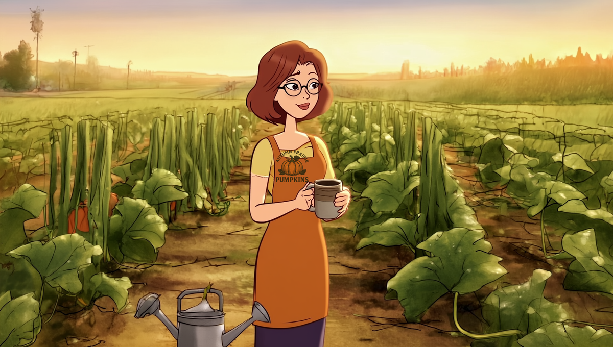 Maggie with coffee at the edge of a Kansas pumpkin patch with running vines at sunrise