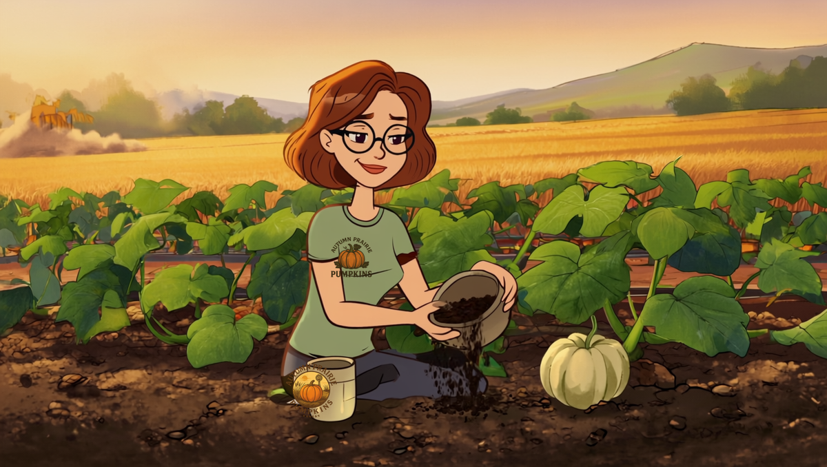 Maggie with Autumn Prairie Pumpkins coffee beside a pail of used coffee grounds in a Kansas garden