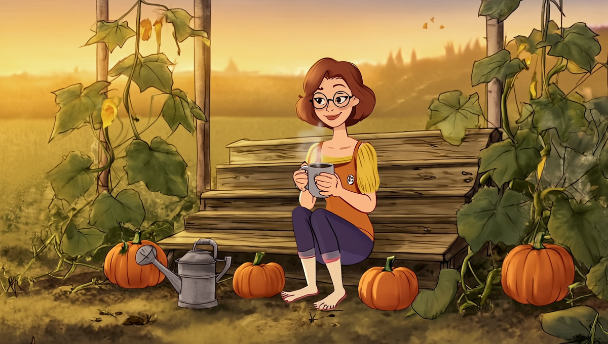 Illustration of a gardener with coffee on a garden bench at sunrise in a Kansas pumpkin patch with watering can and pumpkins