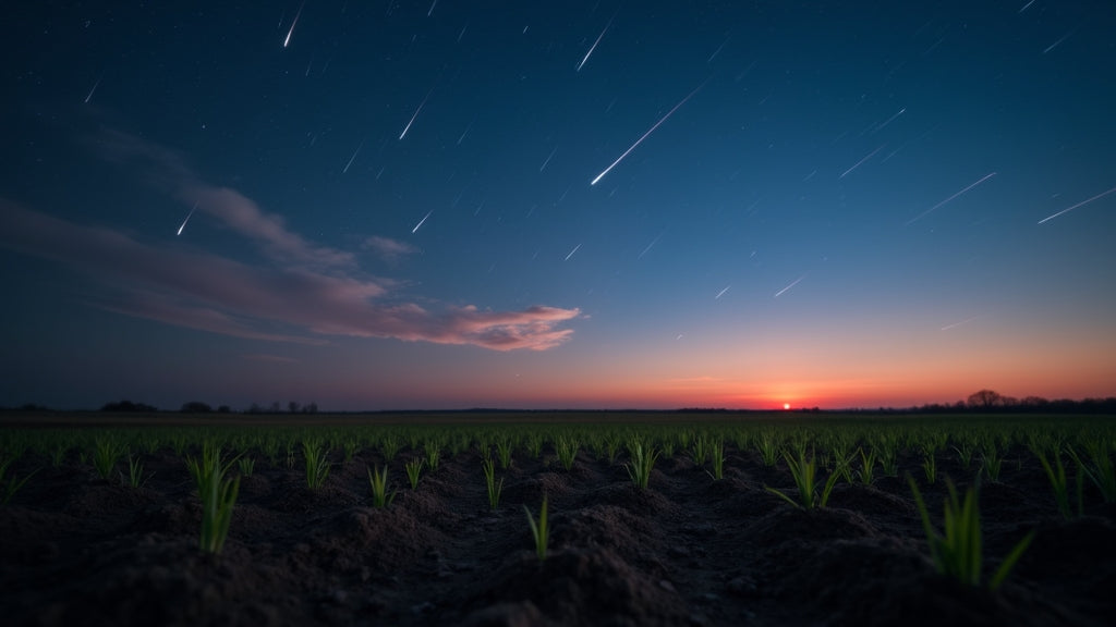Lyrid meteor shower over Kansas prairie garden at twilight - Autumn Prairie Pumpkins