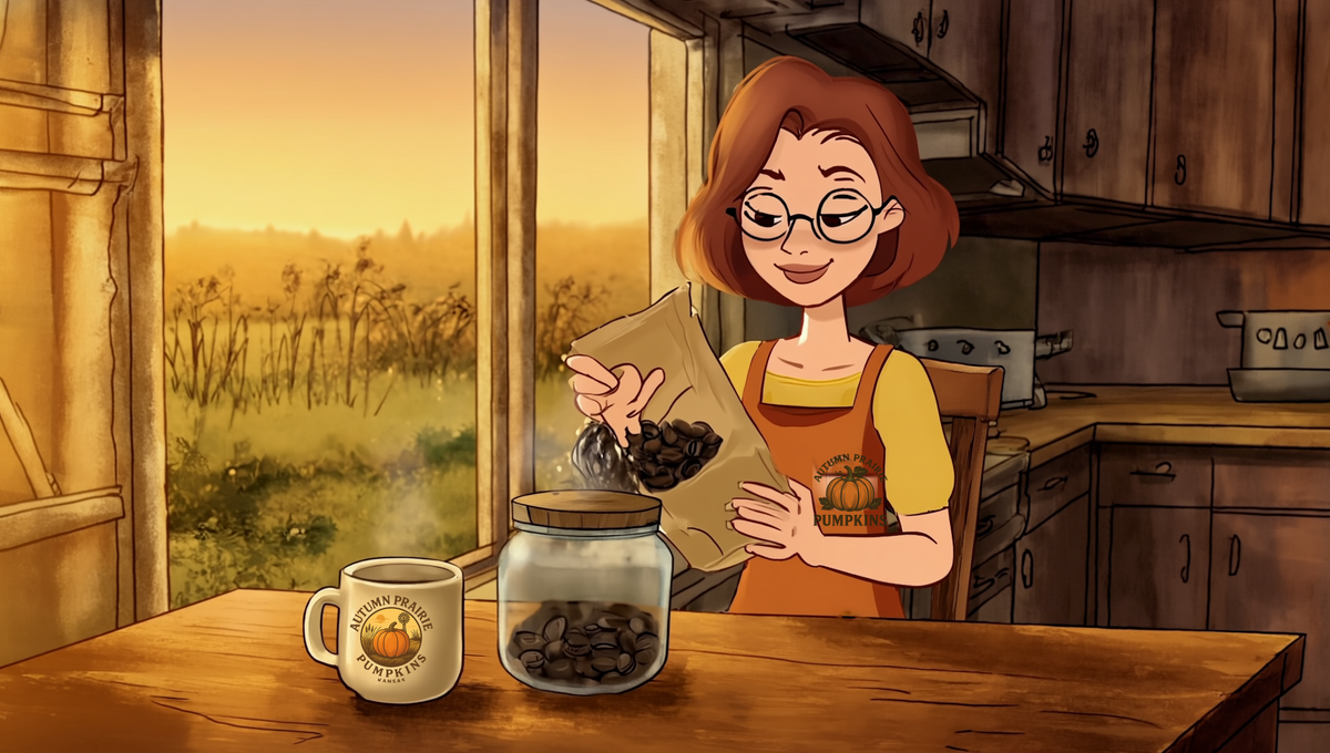 Maggie pouring whole coffee beans into a glass storage jar in a Kansas farmhouse kitchen at sunrise