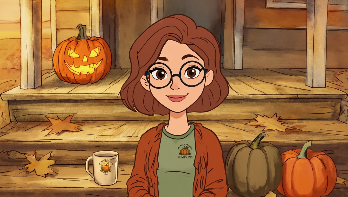Maggie sitting on a Kansas farmhouse porch step on an October morning with a carved jack-o-lantern and uncarved heirloom pumpkins beside her