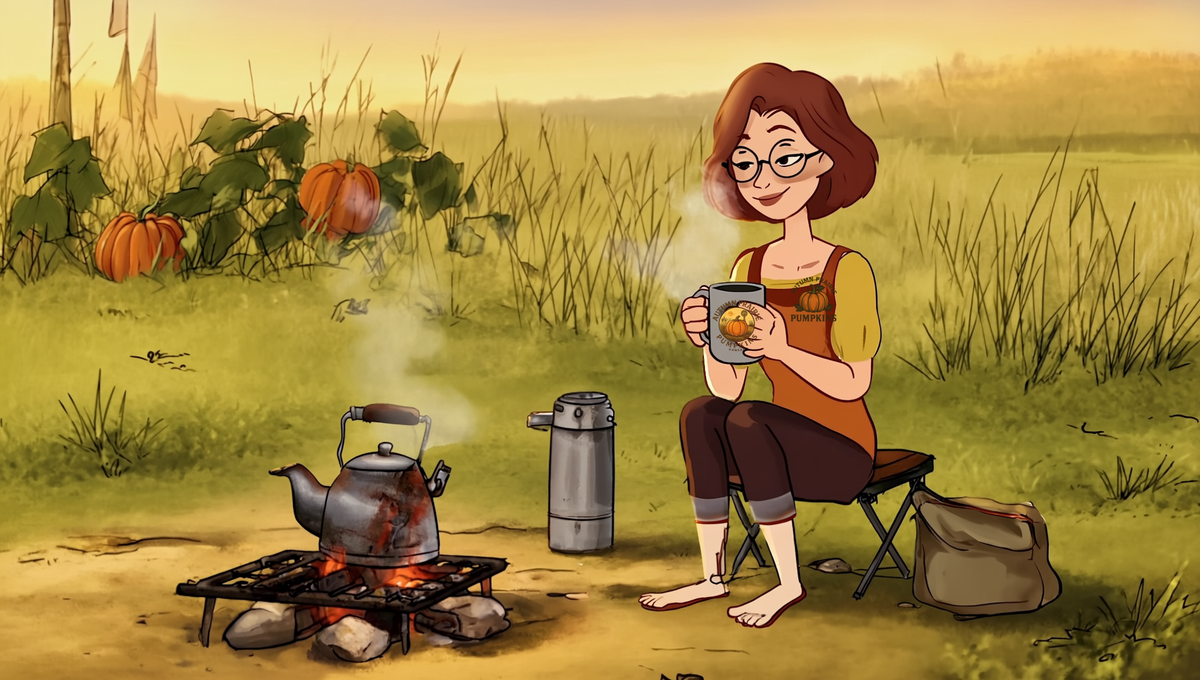 Maggie making camp coffee at sunrise beside a Kansas prairie pumpkin patch