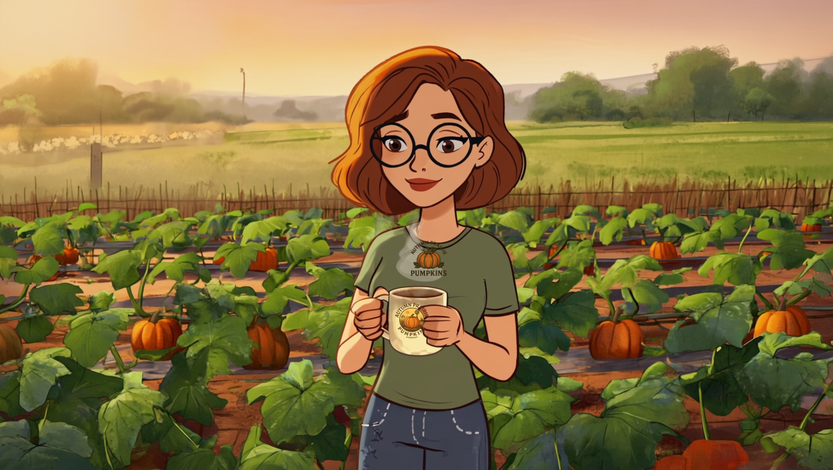 Maggie at dawn in a Kansas pumpkin patch holding a mug of coffee, looking over dewy vines - what animals eat pumpkin plants at night