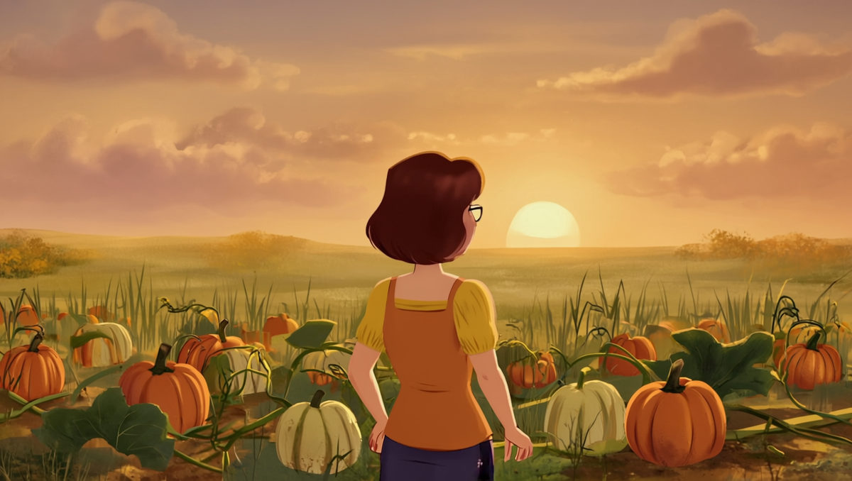 Illustration of a woman with auburn hair and round glasses standing in a Kansas pumpkin patch gazing out at the low golden sun and warm sky in the long light before the summer solstice