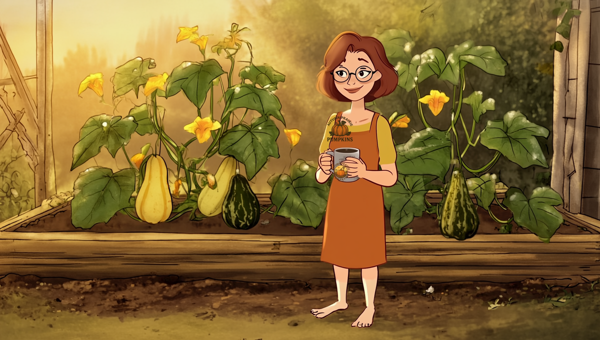 Maggie with morning coffee beside summer squash blossoms and winter squash on the vine in a Kansas garden