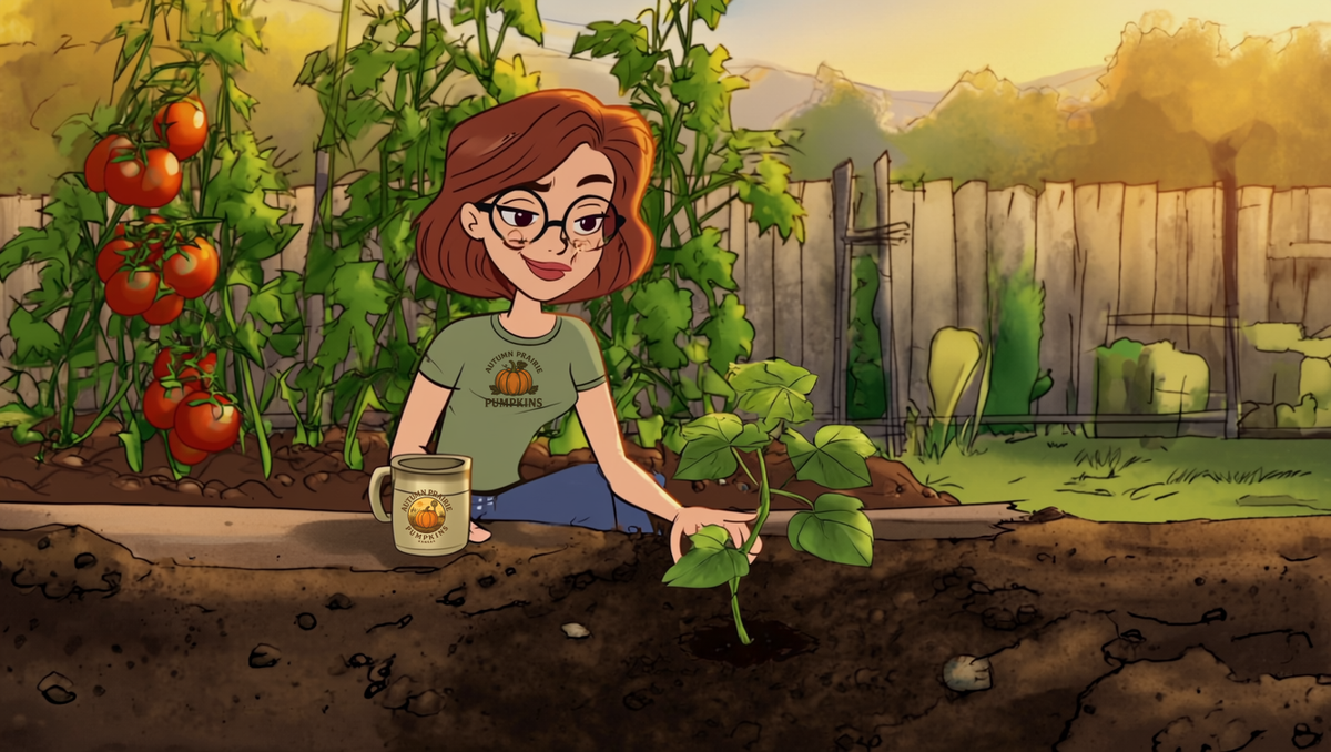 Maggie kneeling by a backyard compost pile examining a volunteer pumpkin vine in a Kansas summer garden