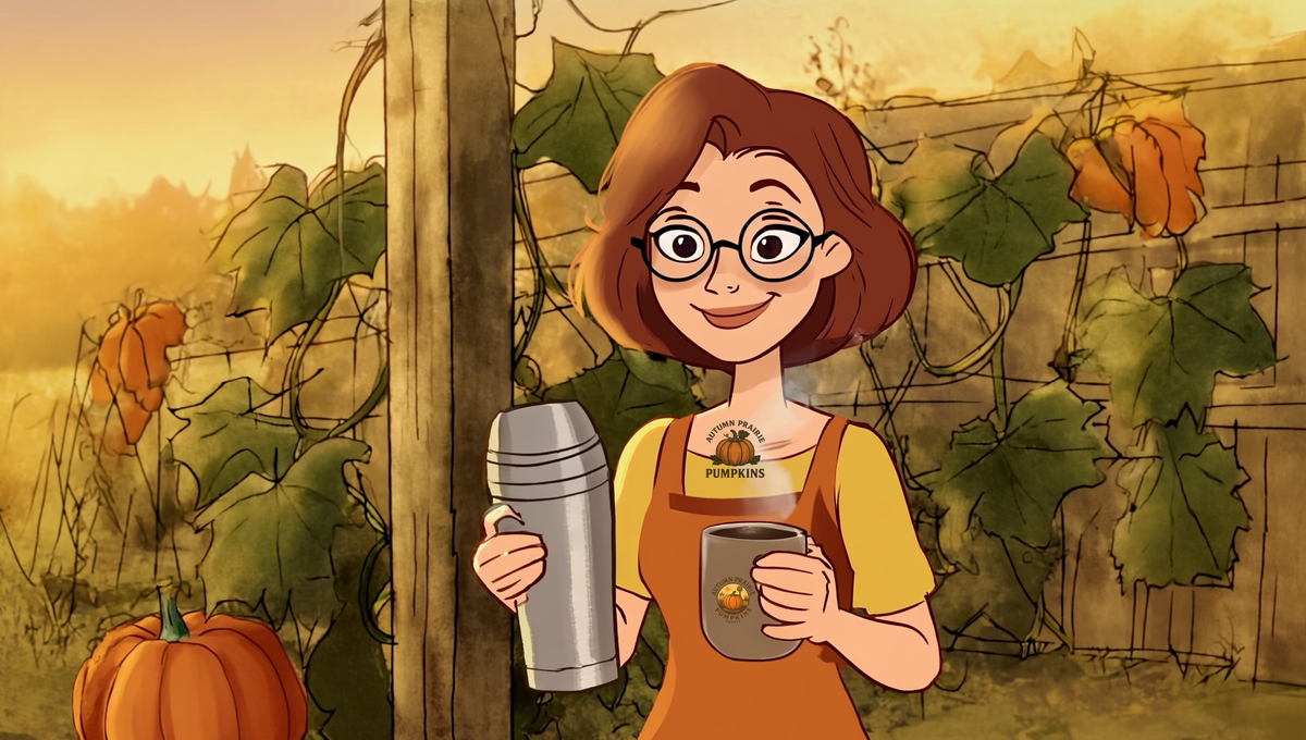 Maggie holding a thermos and a steaming mug in a Kansas pumpkin garden at golden morning light