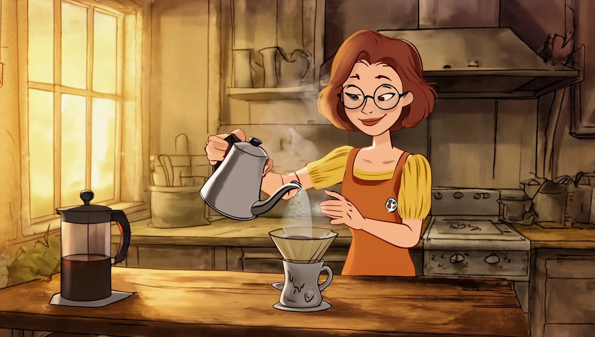 Maggie pouring a pour-over coffee in a cozy farmhouse kitchen with a French press nearby, Autumn Prairie Pumpkins