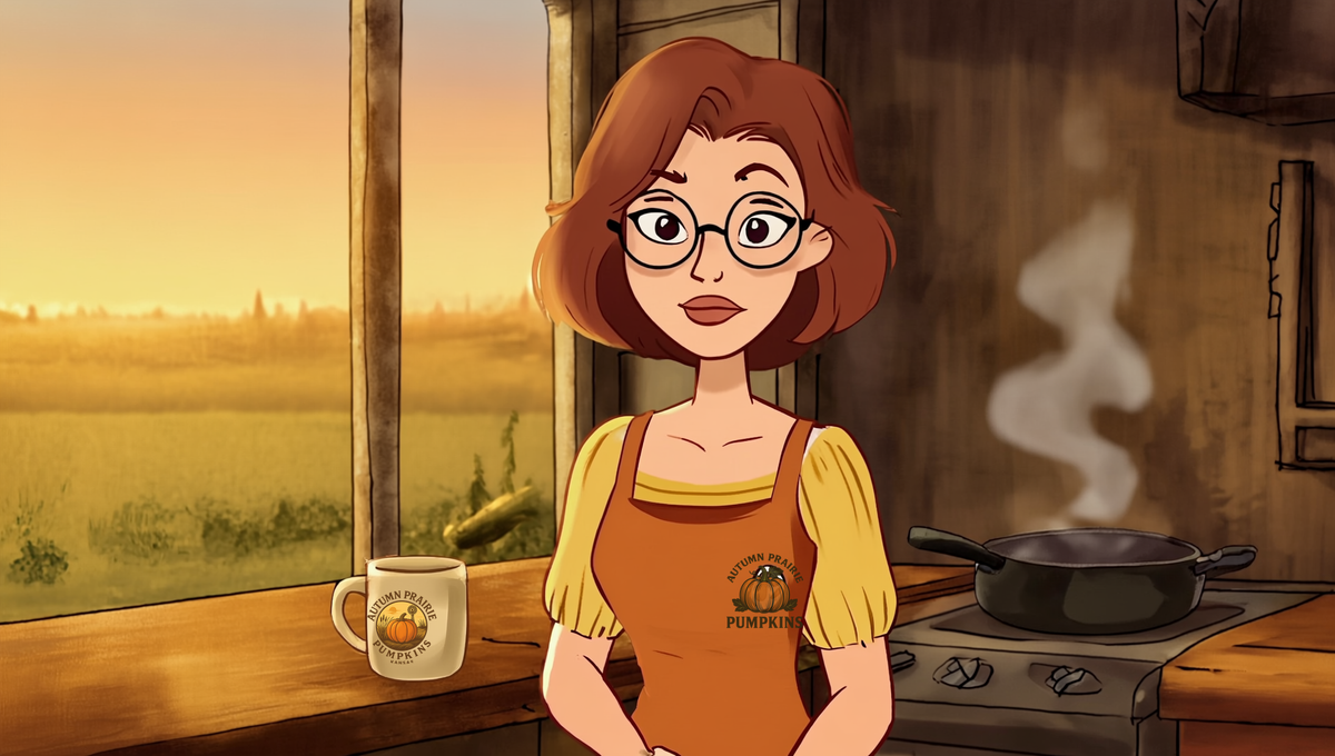 Maggie gently rewarming coffee in a saucepan in a Kansas farmhouse kitchen, prairie pumpkin patch through the window