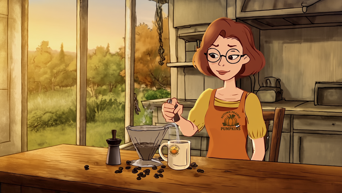 Autumn Prairie Pumpkins, Maggie pouring fresh coffee in a Kansas kitchen with a grinder and whole beans