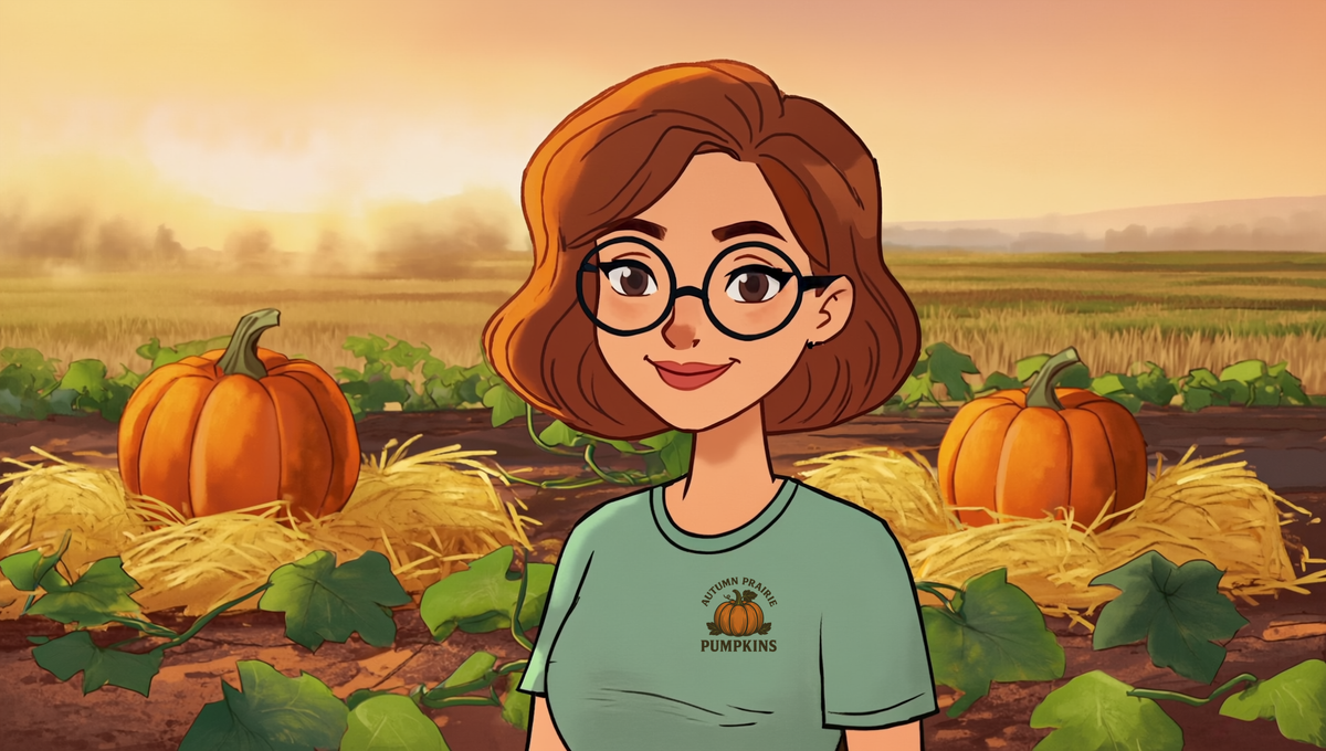 Maggie standing in the Autumn Prairie Pumpkins patch at sunrise with orange pumpkins resting on beds of golden straw behind her