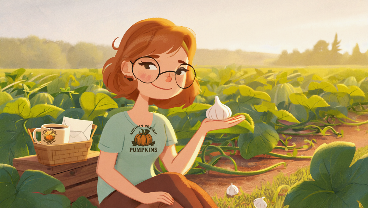 Maggie of Autumn Prairie Pumpkins kneeling in a July pumpkin patch holding a garlic bulb, planning what to plant after pumpkins, coffee mug and seed envelopes in a basket beside her