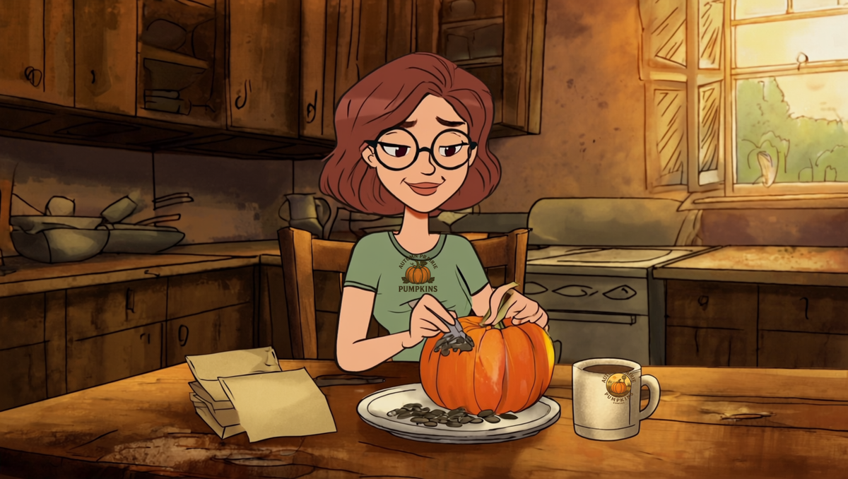 Maggie saving heirloom pumpkin seeds from a ripe pumpkin at a Kansas farmhouse kitchen table - Autumn Prairie Pumpkins