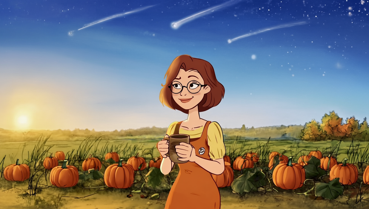 Illustration of a fair-skinned woman with an auburn bob and round glasses in a rust pinafore holding coffee at the edge of a Kansas pumpkin patch before dawn, watching Arietid meteor streaks in the pre-sunrise sky