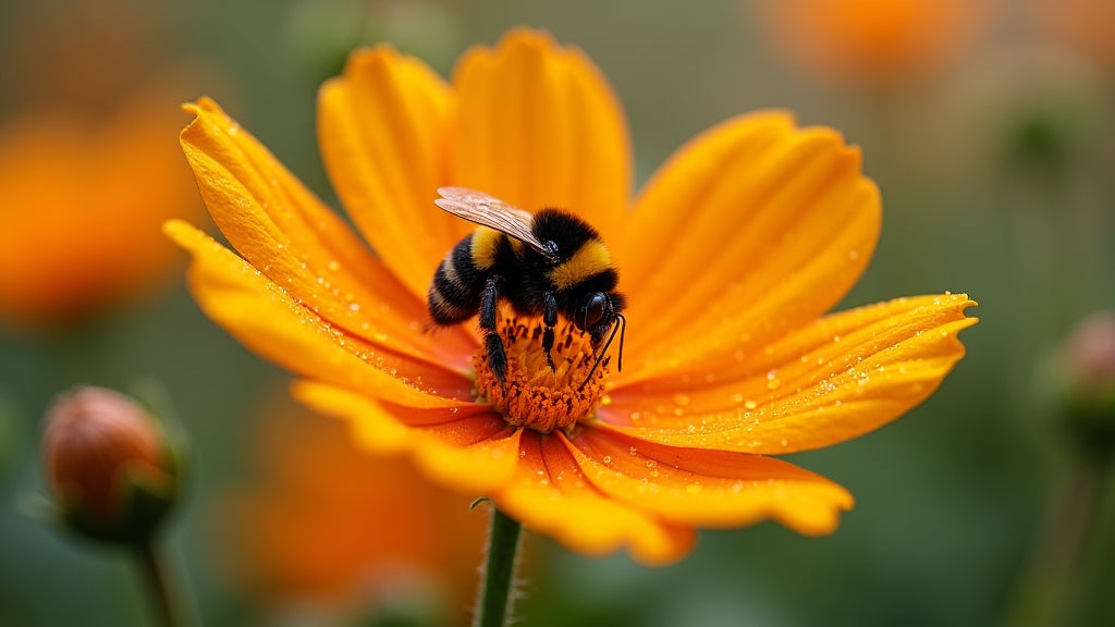 Bumblebee on orange pumpkin blossom with morning dew - Autumn Prairie Pumpkins