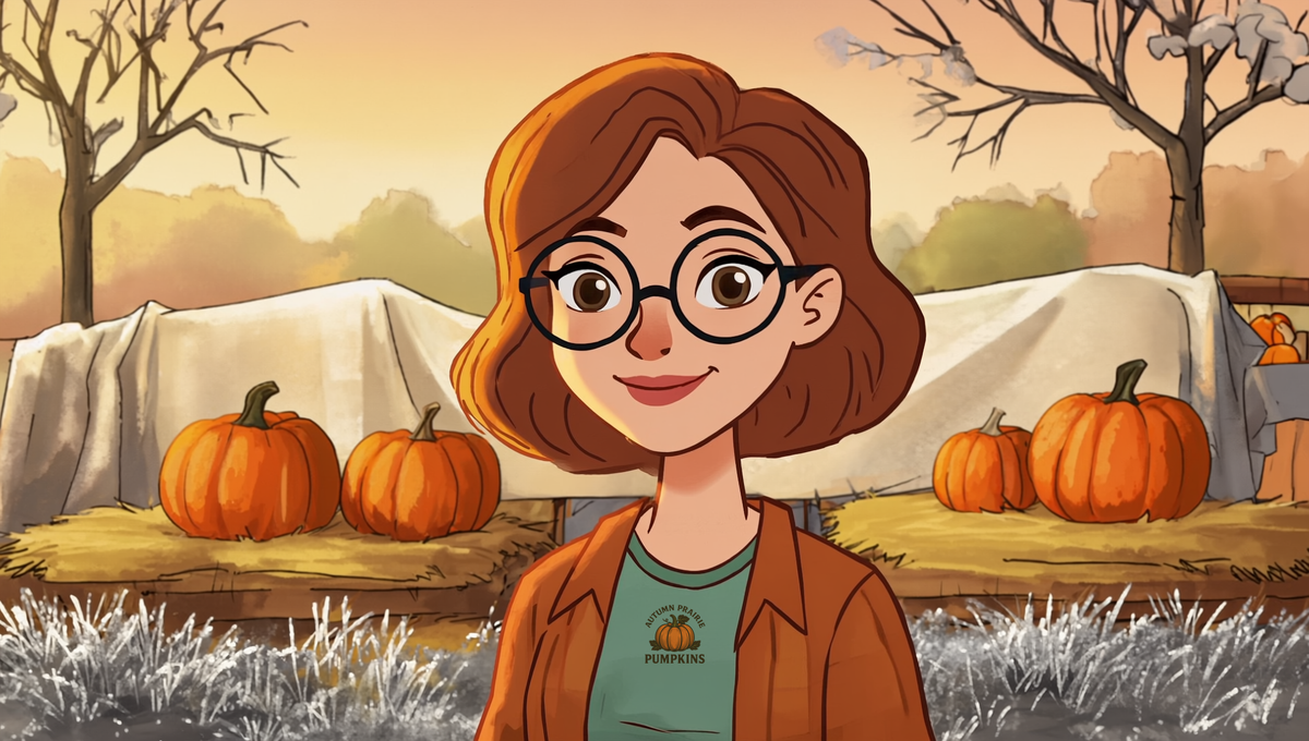 Maggie at the edge of a frosty Kansas pumpkin patch at sunrise, with ripe pumpkins resting on straw under white frost covers