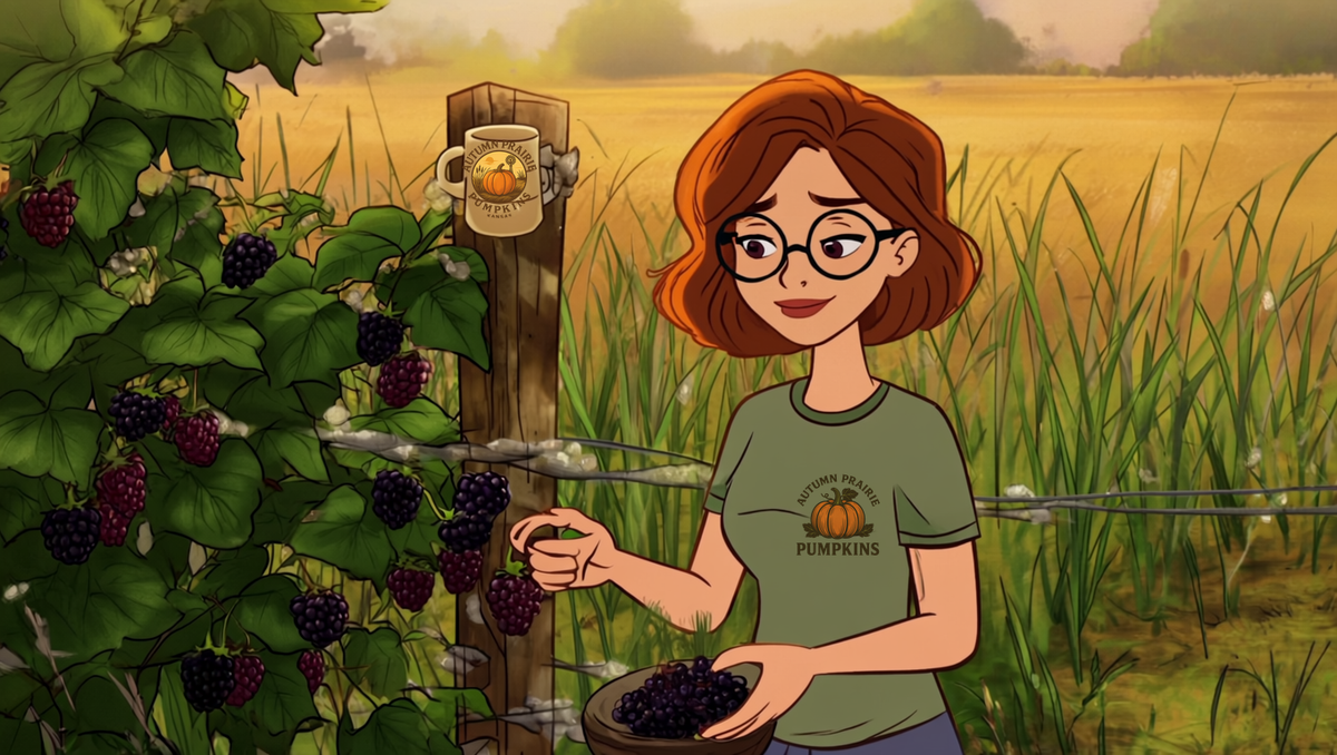 Maggie picking wild black raspberries along a Kansas fence line on a summer morning