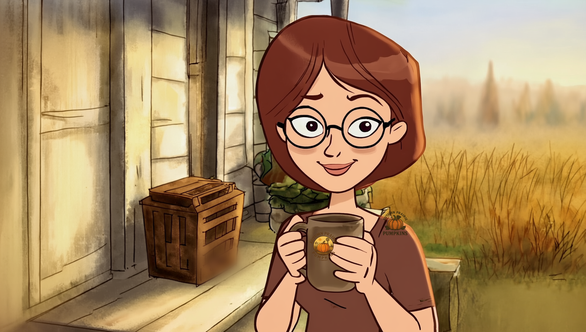 Illustrated Autumn Prairie Pumpkins mascot with eyes open, holding a coffee mug on a Kansas porch beside a worm compost bin in fall morning light