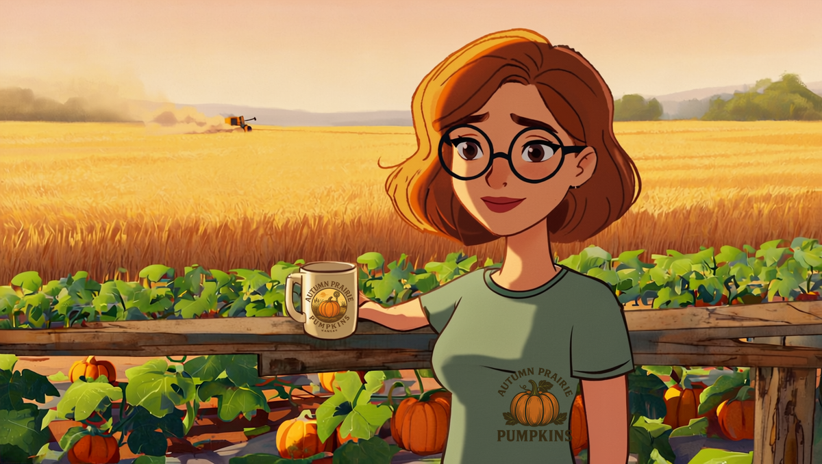 Maggie leaning on a wooden garden fence beside pumpkin vines with her coffee mug on an August morning in Kansas, hand-drawn storybook illustration