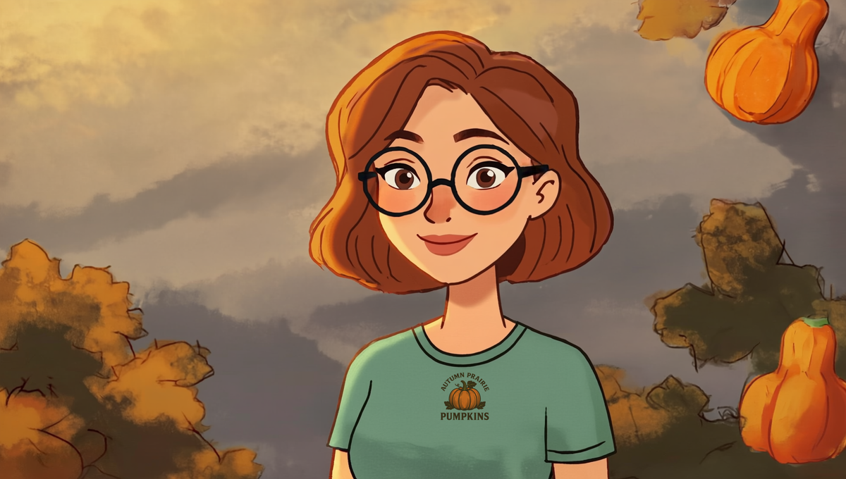 Illustration of Maggie in a sage-green Autumn Prairie Pumpkins t-shirt among autumn pumpkins and winter squash in Kansas