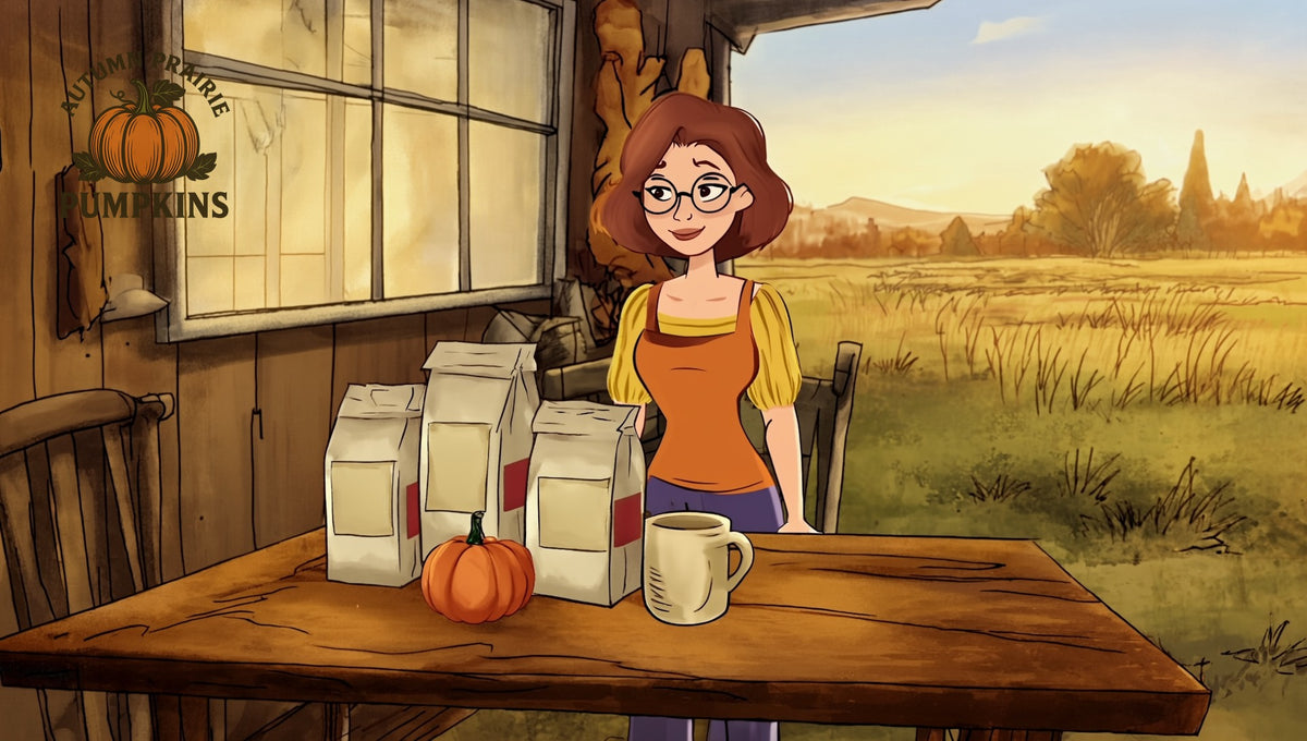 Maggie at a homestead market stand with three Harvest line coffee bags, a pumpkin, and a mug, Kansas prairie behind - Autumn Prairie Pumpkins