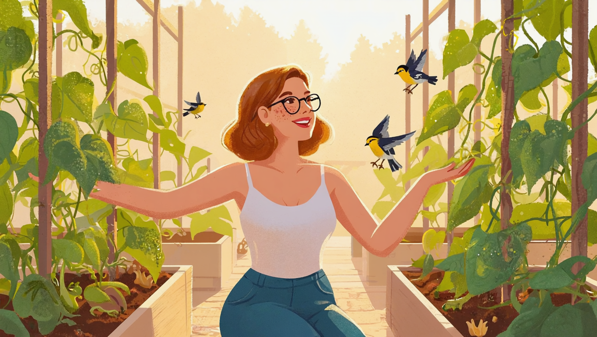 Illustrated woman with auburn hair and glasses in a May garden with warblers