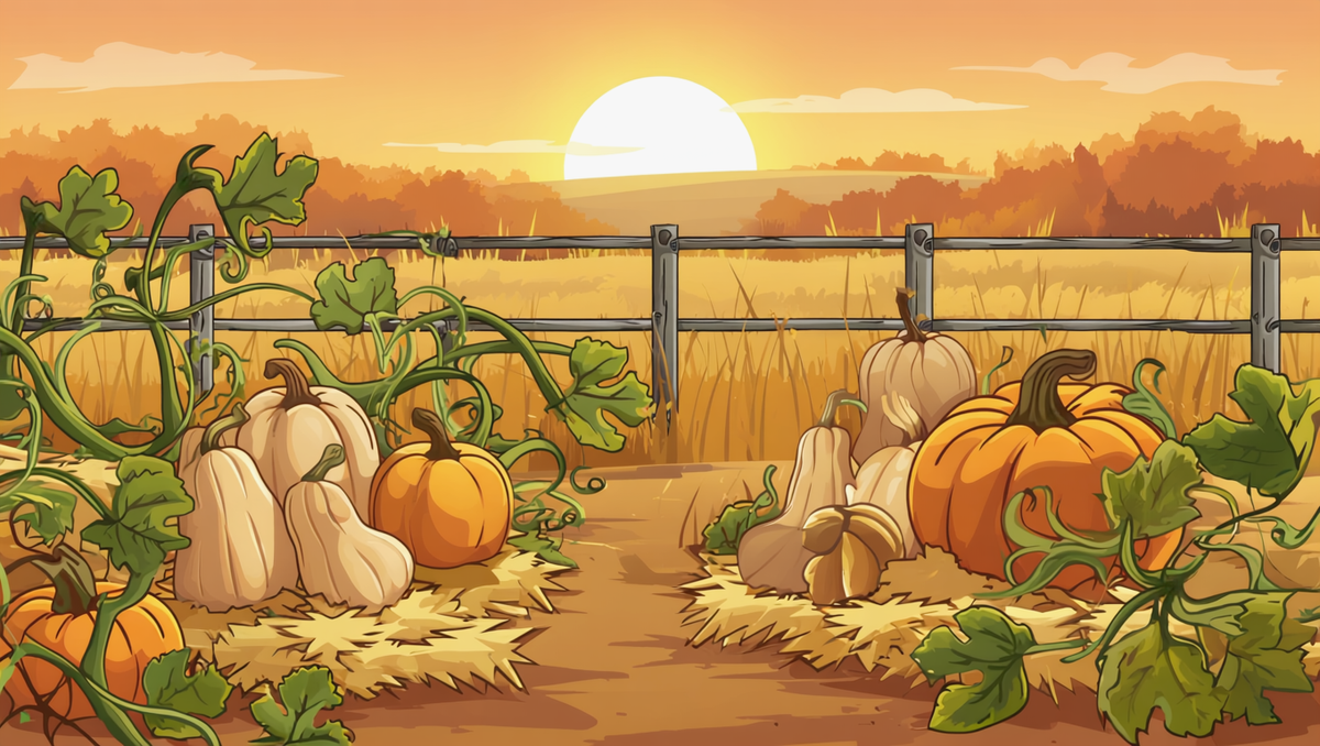 Late autumn Kansas pumpkin patch at golden hour - tan and orange winter squash on straw along a prairie fence line - heirloom moschata varieties