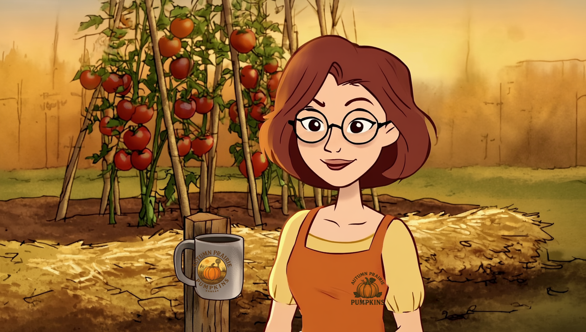 Maggie holding a mug of Autumn Prairie Pumpkins coffee beside staked tomato plants and a bucket of spent coffee grounds