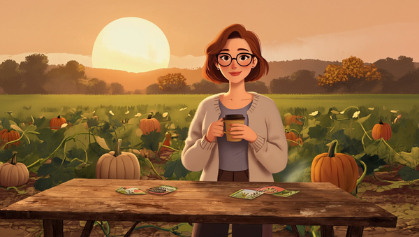 Autumn Prairie Pumpkins grower with auburn hair and round glasses holding coffee at a wooden table in a golden-hour Kansas heirloom pumpkin patch