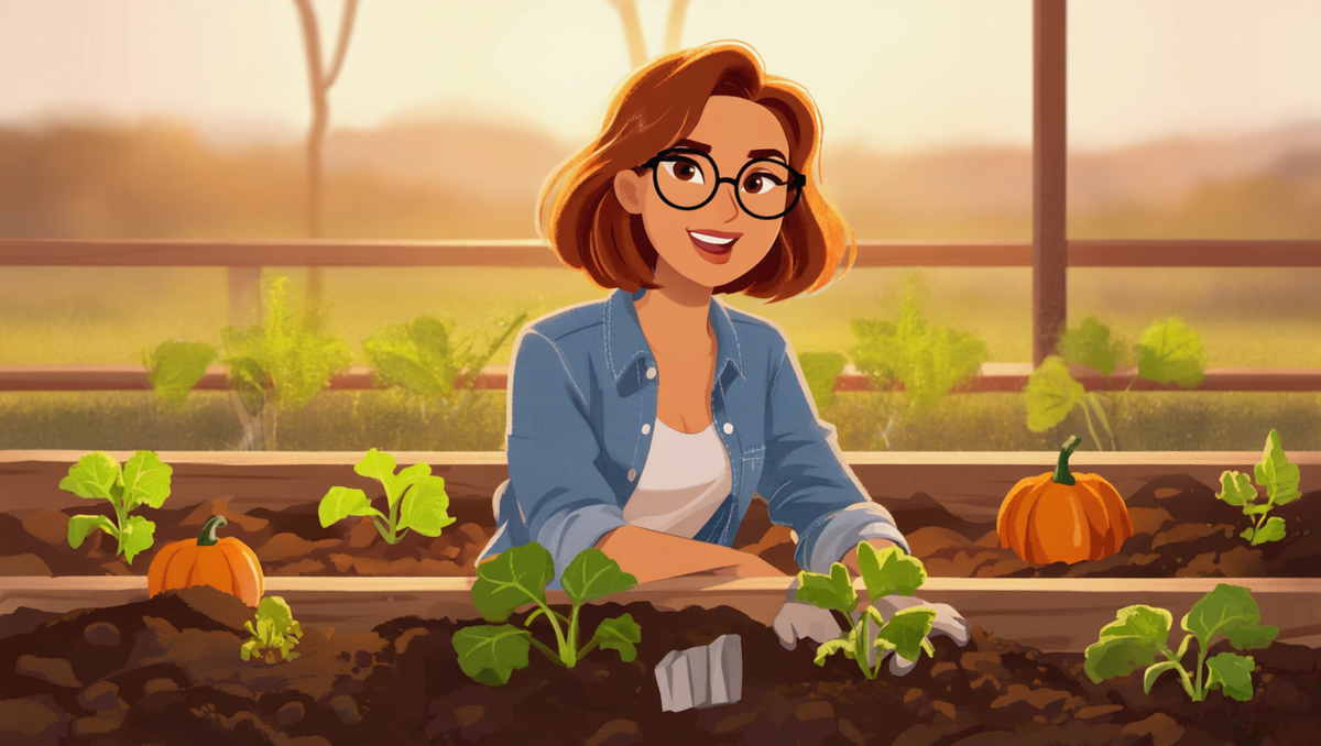 Woman with auburn hair and round glasses kneeling beside young pumpkin seedlings in a Kansas garden, May morning light, illustrated style