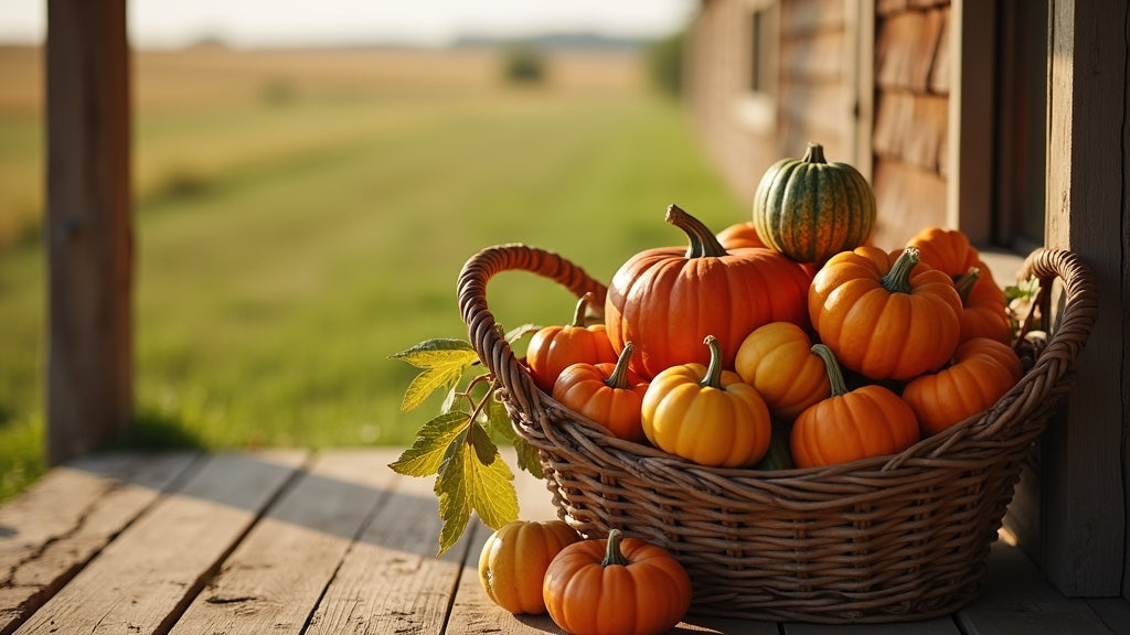 Basket of heirloom pumpkins on Kansas farmhouse porch - Autumn Prairie Pumpkins