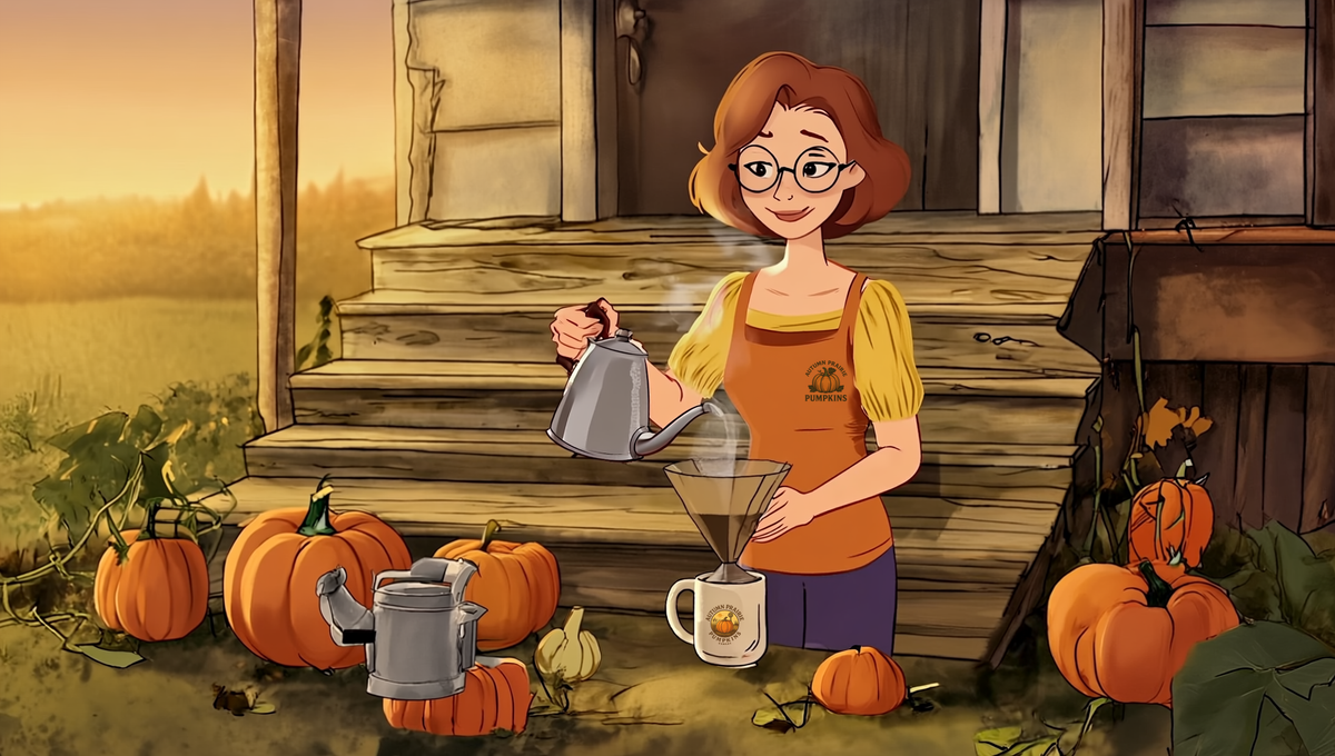 Illustration of a gardener pouring pour over coffee on a Kansas farmhouse porch beside pumpkin vines at sunrise