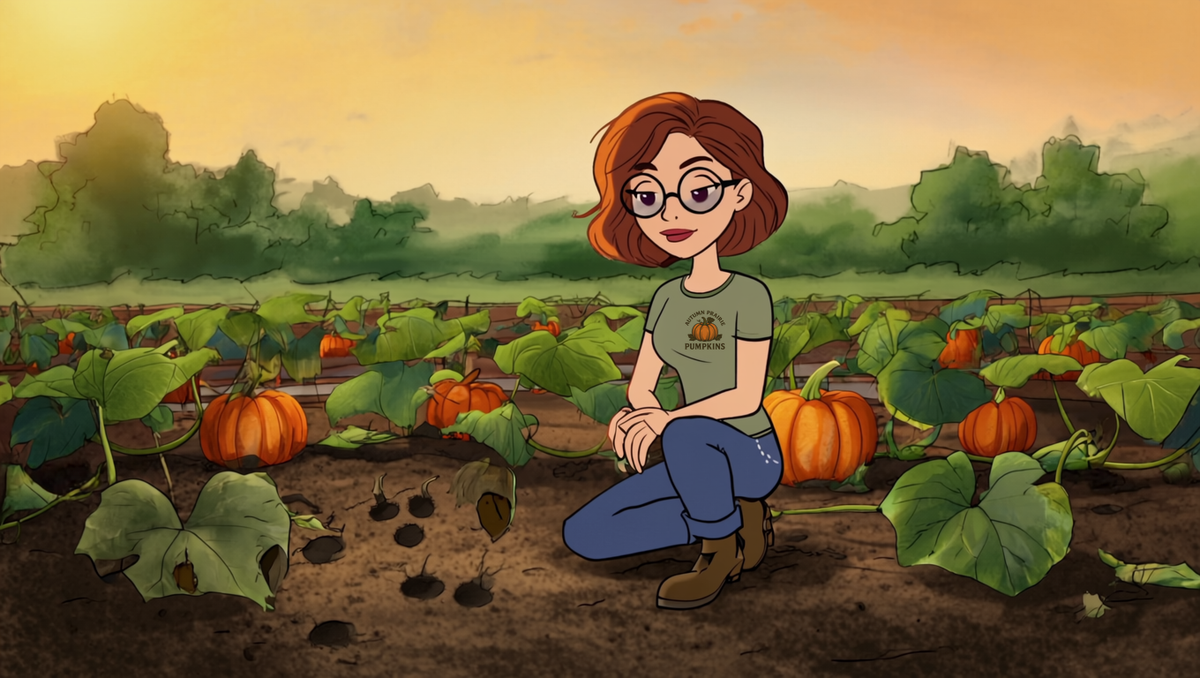 Maggie kneeling in a Kansas pumpkin patch at dawn, looking at deer hoof prints in the soil beside a bitten pumpkin leaf