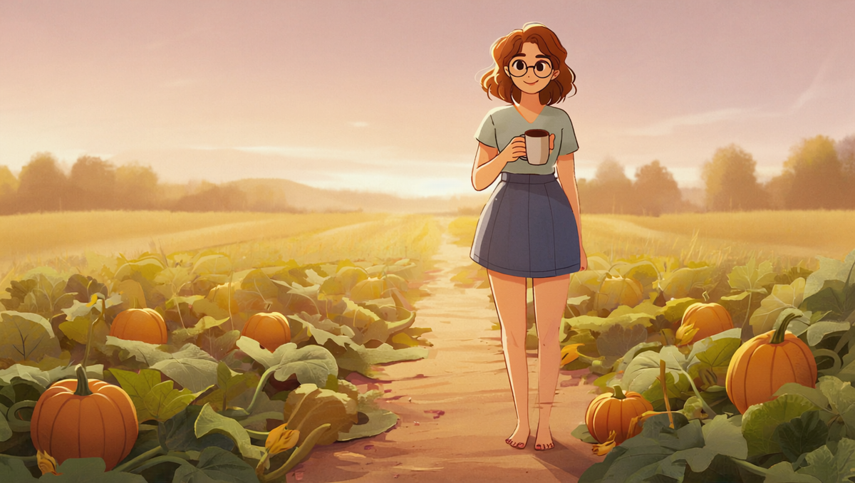 Illustrated woman with auburn hair and round glasses holding coffee at the edge of a sunrise pumpkin patch, Father's Day morning