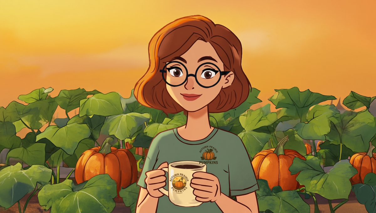Maggie holding a mug of coffee in a late-summer Kansas pumpkin patch at golden hour, big green leaves and ripe heirloom pumpkins behind her