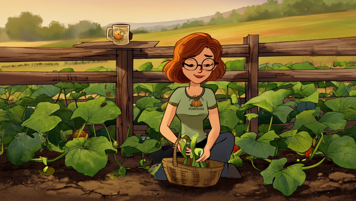 Maggie from Autumn Prairie Pumpkins picking tender edible pumpkin leaves into a basket beside a wooden fence in a Kansas pumpkin patch