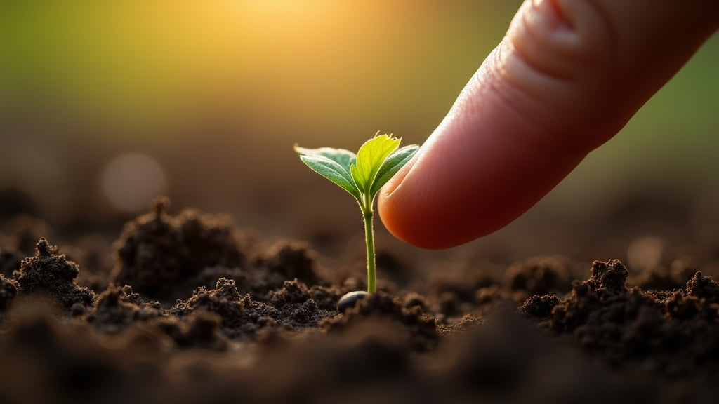 Seedling emerging from rich Kansas soil in morning light - Autumn Prairie Pumpkins