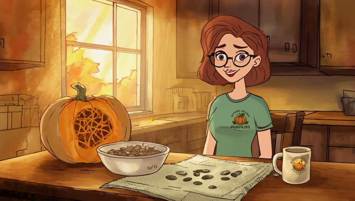 Maggie at a Kansas farmhouse kitchen counter in autumn with a halved pumpkin, a bowl of freshly scooped pumpkin seeds, and seeds drying on a linen towel