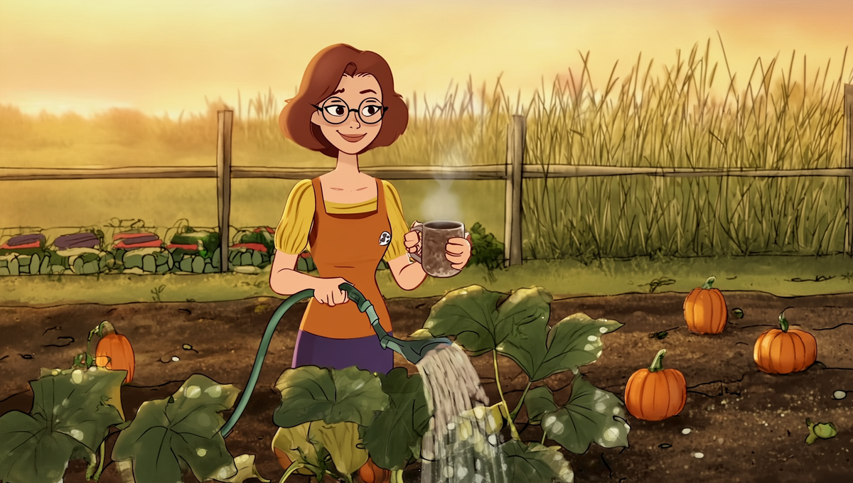 Illustration of a gardener watering pumpkin vines at dawn with a mug of coffee in a Kansas garden