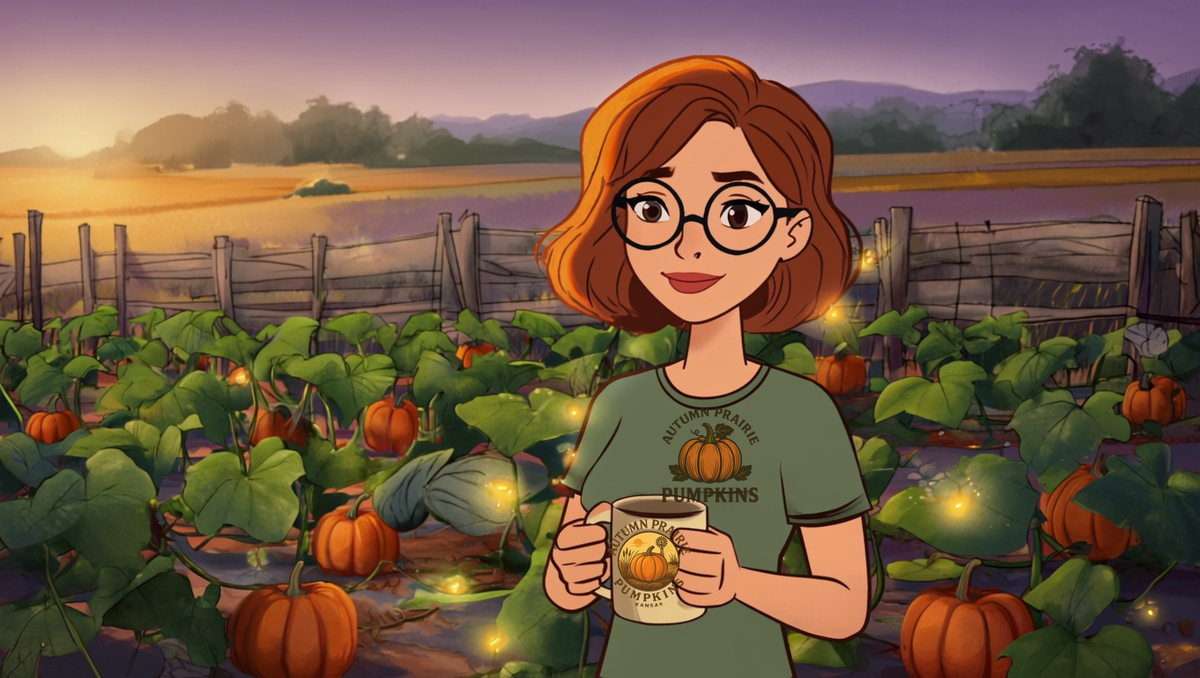 Maggie in a Kansas pumpkin patch at dusk with fireflies glowing, holding an Autumn Prairie Pumpkins mug