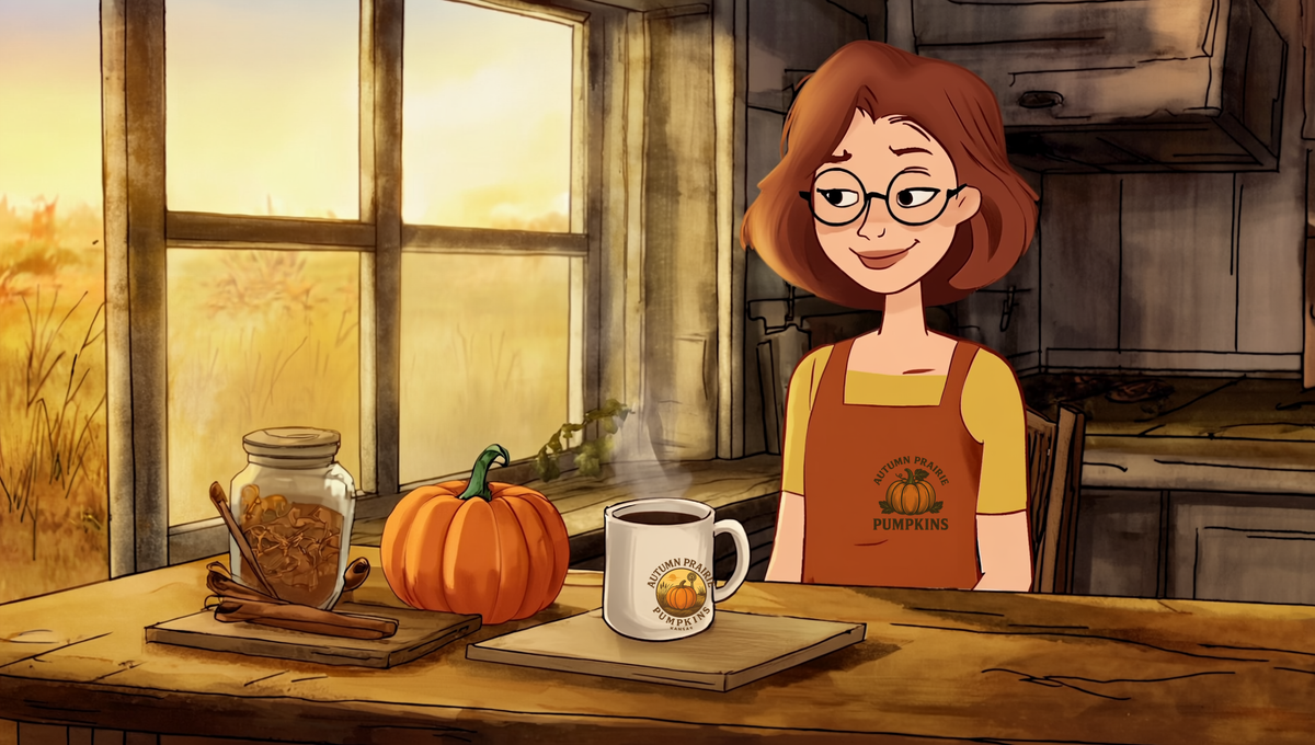 Maggie with a mug of pumpkin spice coffee, a small pie pumpkin, and a jar of warm spices in a farmhouse kitchen - Autumn Prairie Pumpkins