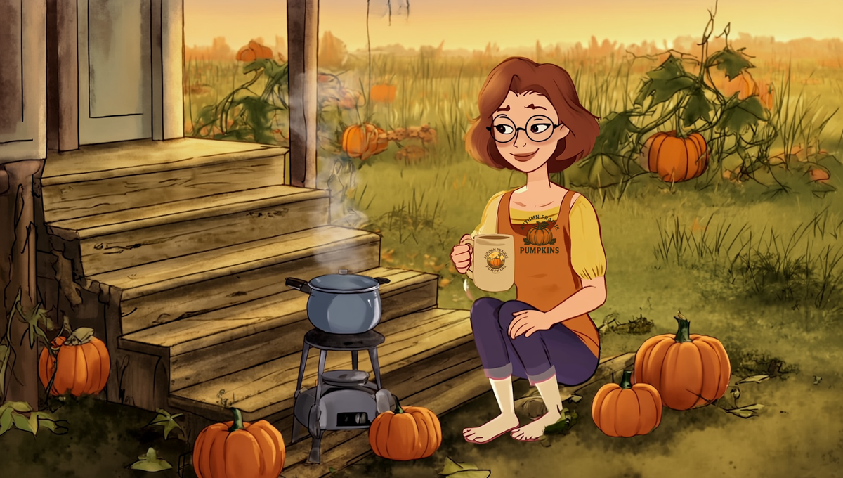 Maggie brewing cowboy coffee in a saucepan on a Kansas porch step at sunrise - Autumn Prairie Pumpkins