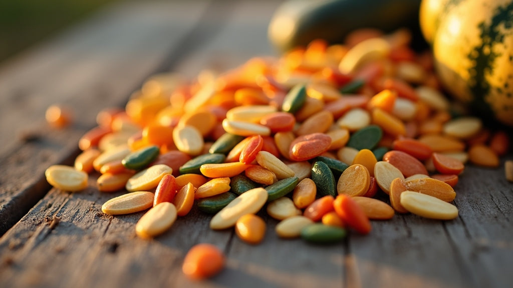Diverse heirloom pumpkin and squash seeds on rustic wood table - Autumn Prairie Pumpkins