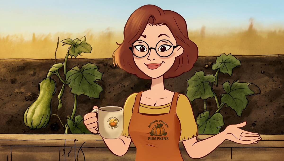 Maggie holding an Autumn Prairie Pumpkins mug beside a raised garden bed of dark soil and squash vines, coffee grounds and soil pH