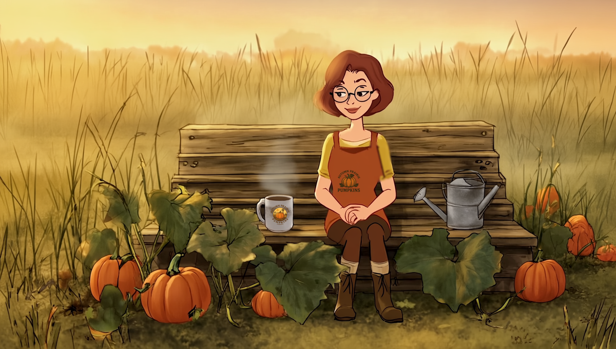 Maggie enjoying morning coffee on a garden bench among pumpkins at a Kansas prairie sunrise - Autumn Prairie Pumpkins Brew Journal